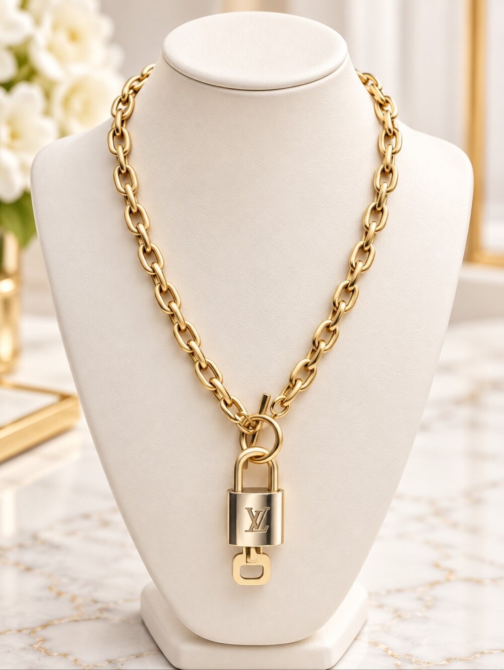 Authentic Louis Vuitton Gold Padlock w/Unbranded Stainless Steel Chain Necklace
